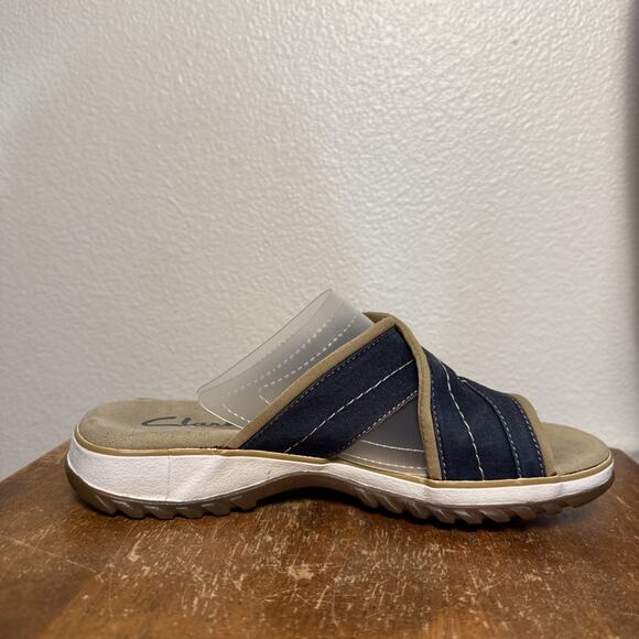 Clarks Womens Canvas Sandals Slide Open Toe Comfort Adjustable Band Blue Tan 6 - Picture 3 of 9